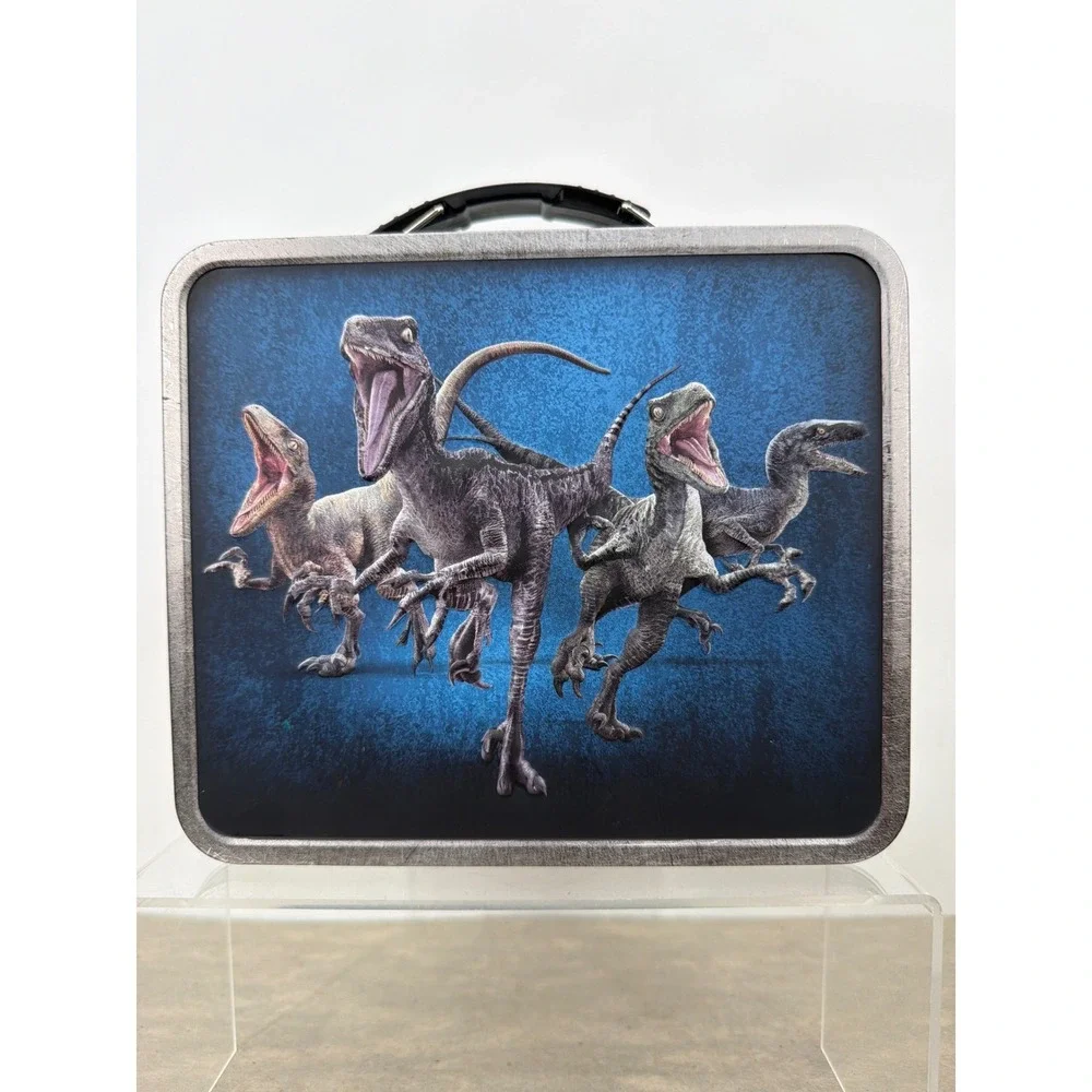 Jurassic World Metal Lunch Box‎ 2015 Universal Studios T-Rex Raptor Blue Tin